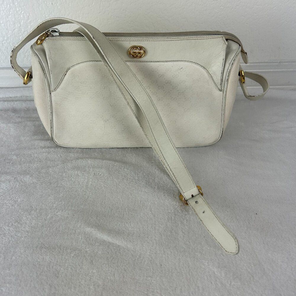 Vintage 1980'S Gucci GG pvc Canvas White Leather Trim Shoulder Bag # 001-58-0920
